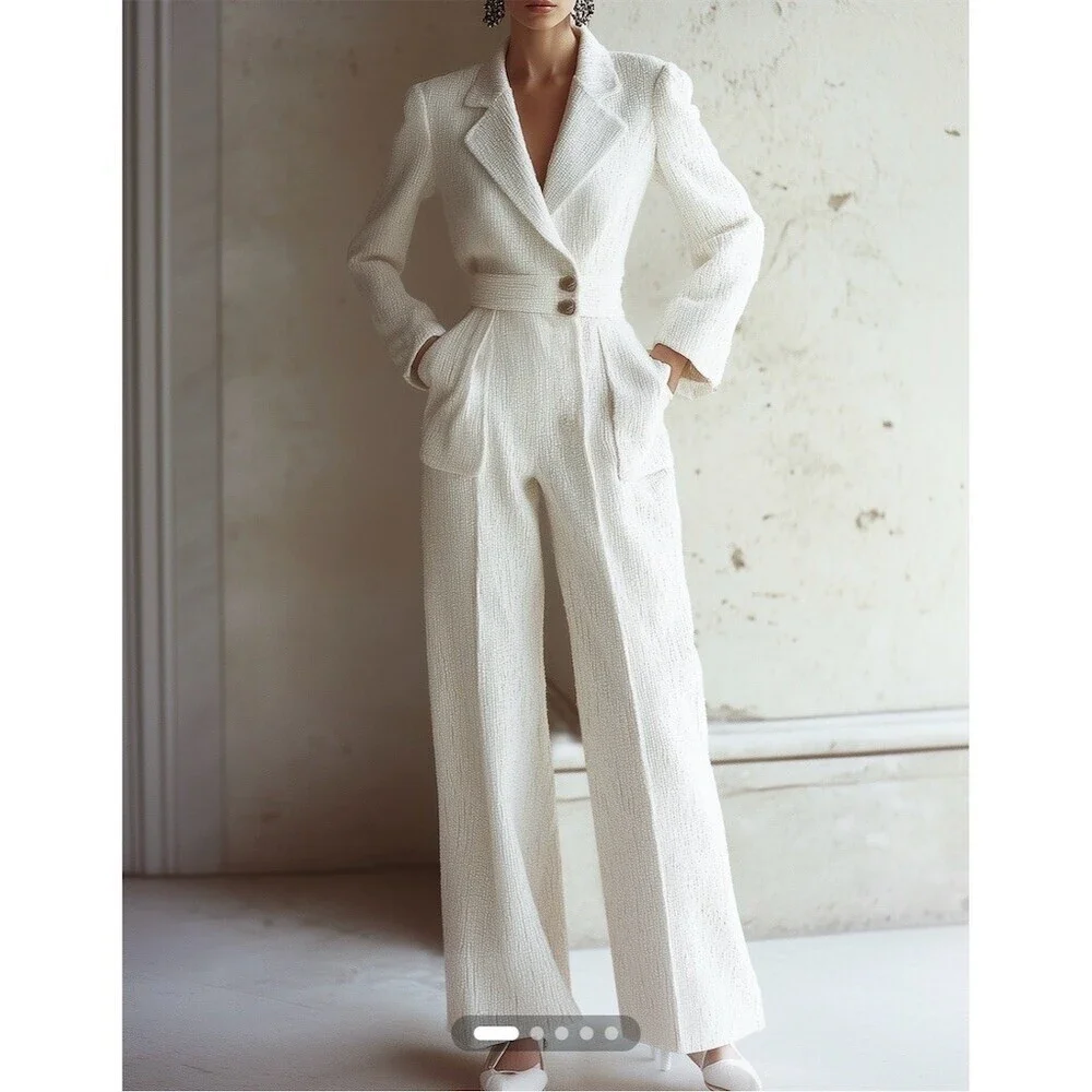 FEHAUTE Jumpsuit Womens Size 4 White Tweed Wide-Leg Pockets Quiet Luxury - Picture 1 of 16